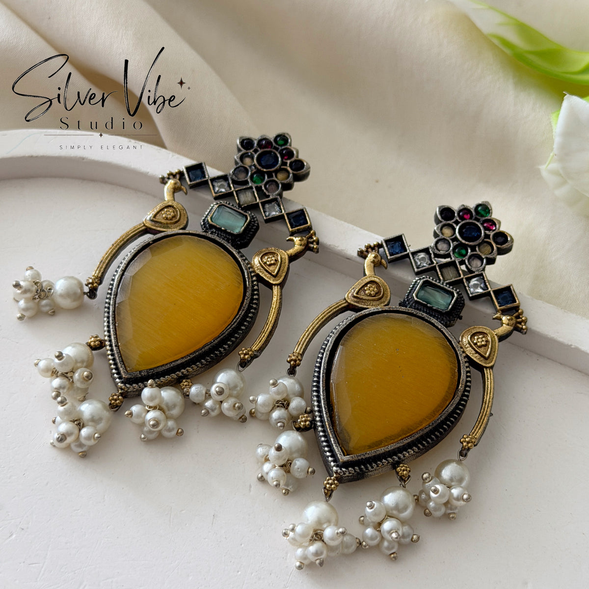Mustard Stone Pearl Statement Earrings SVS001