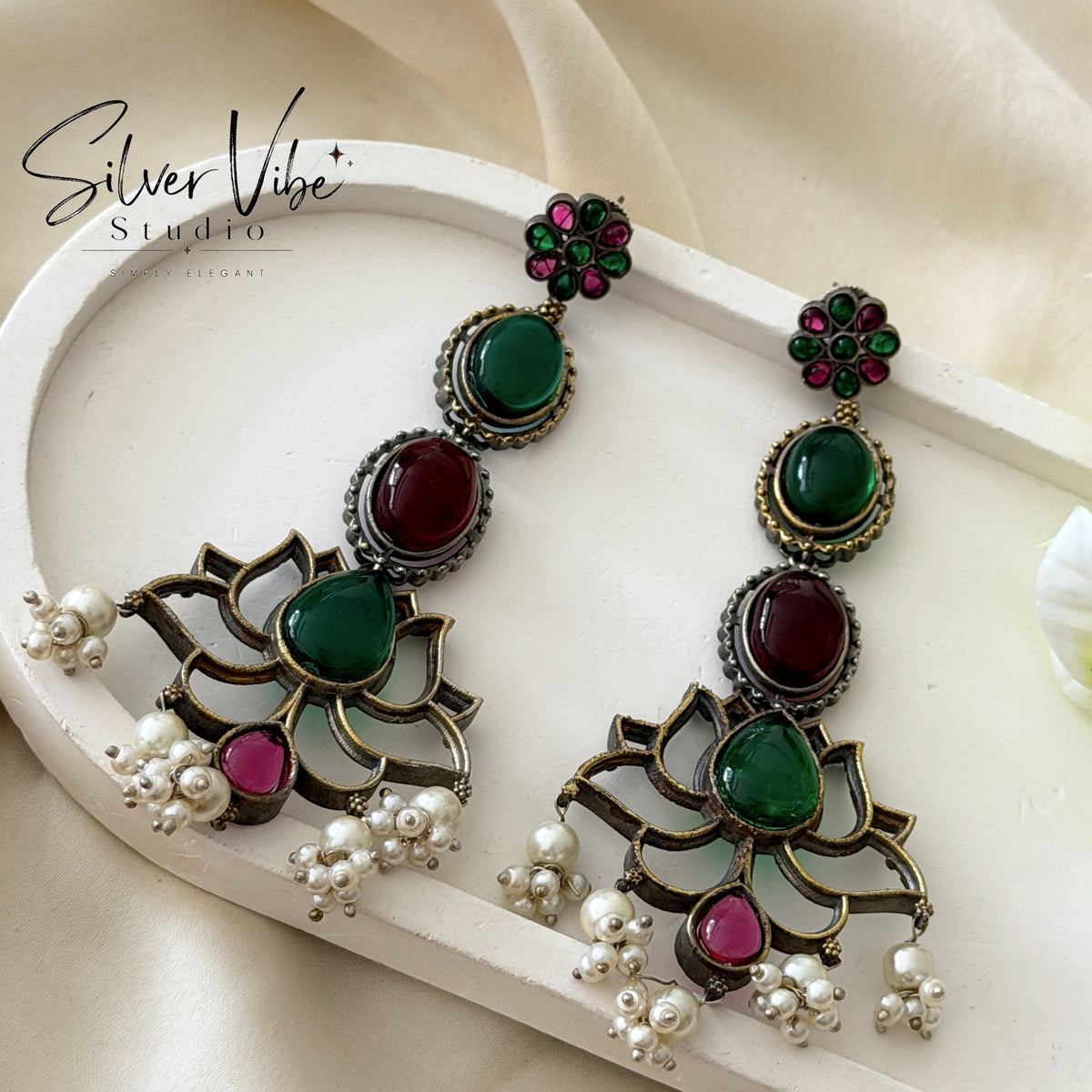 Emerald & Ruby Lotus Pearl Long Earrings SVS001