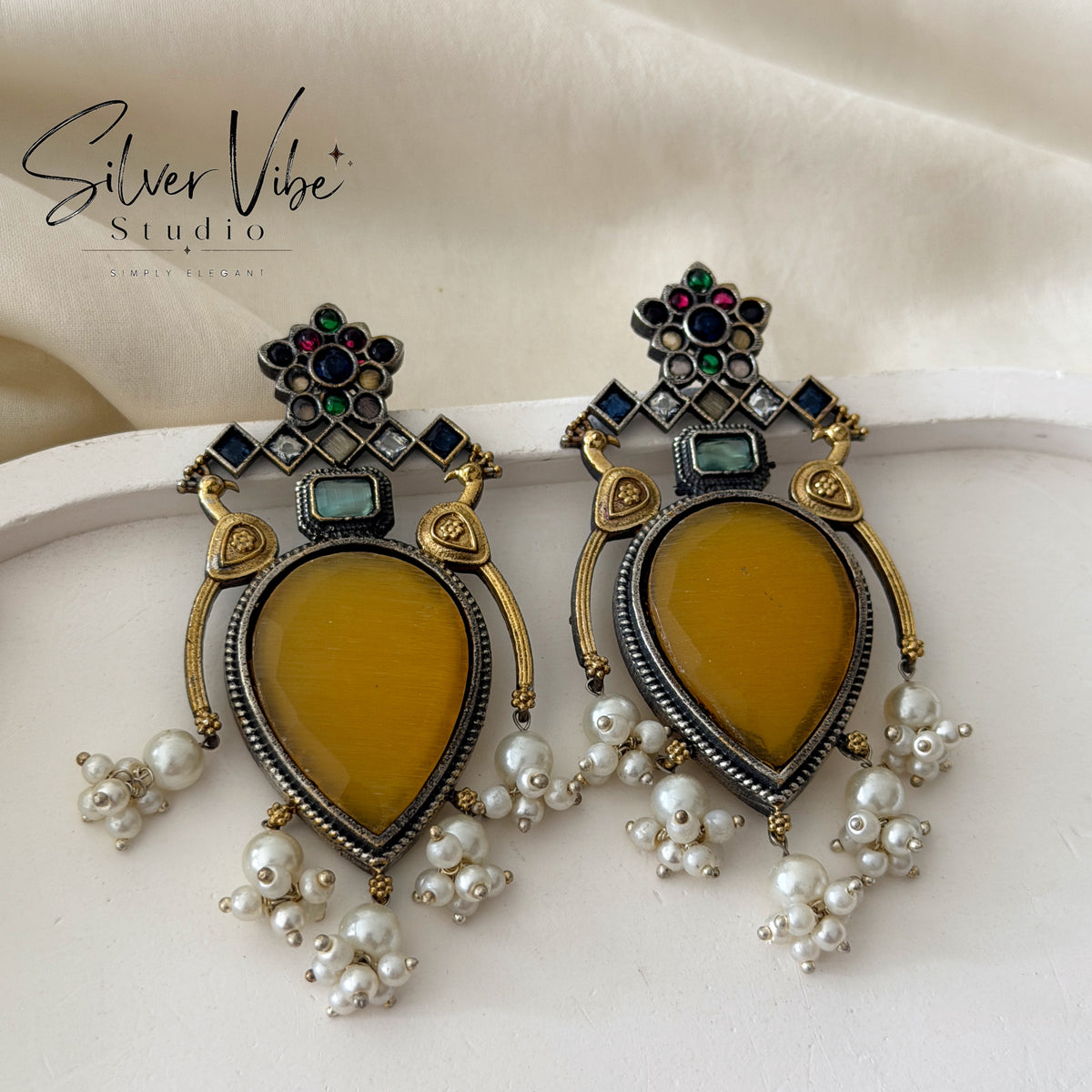 Mustard Stone Pearl Statement Earrings SVS001