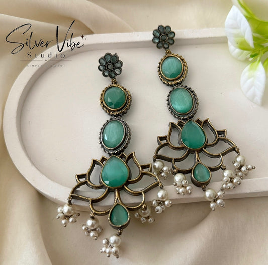 Mint green Lotus Pearl Long Earrings SVS001