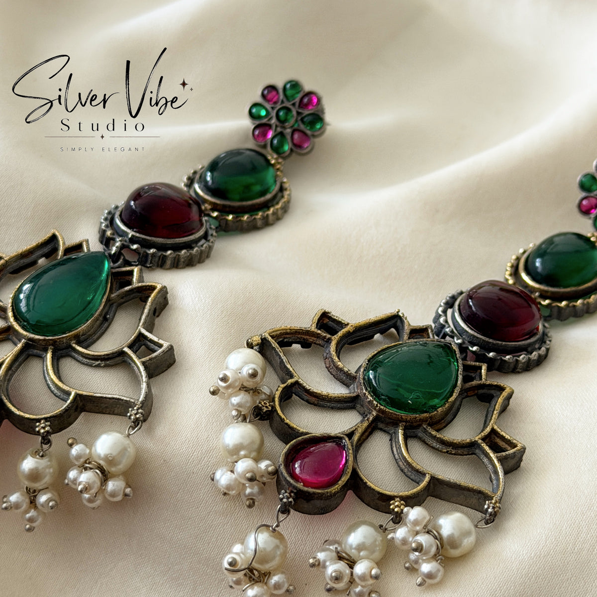 Emerald & Ruby Lotus Pearl Long Earrings SVS001