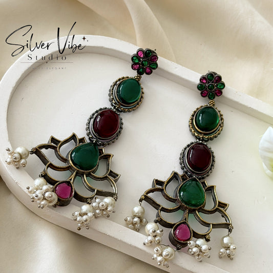 Emerald & Ruby Lotus Pearl Long Earrings SVS001