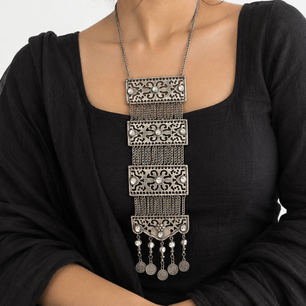 Black polished long boho necklace TSV390